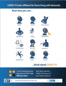 Poster showing the varying symptoms of COVID-19 for those with dementia to watch out for