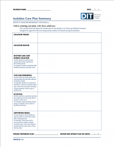 Image of the isolation care plan summary worksheet