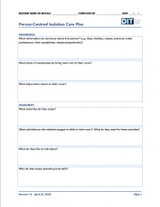 Image of the person centred isolation care plan worksheet