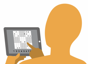 An illustration of a person using a tablet to play a game of sudoku.