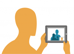 An illustration of a patient having a video call with family members through a tablet device.