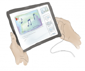 An illustration of hands holding a tablet device that is showing a music playlist on the screen.
